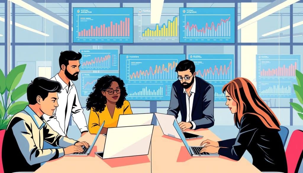 Image of a diverse team working together in a modern office setting, with laptops and social media analytics on screens.