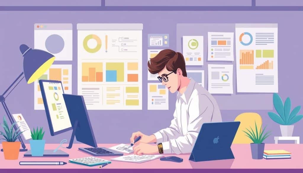 Image of a graphic UX designer working with various design tools