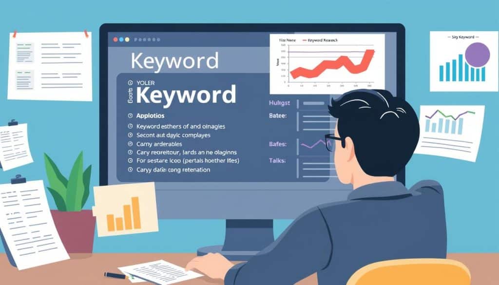 Image of a person analyzing keyword research data on a computer screen Image of a person analyzing keyword research data on a computer screen