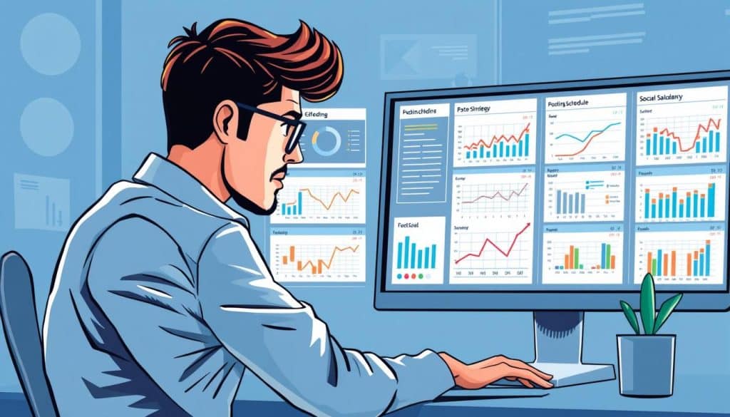 Image of a social media manager analyzing posting schedules on various platforms