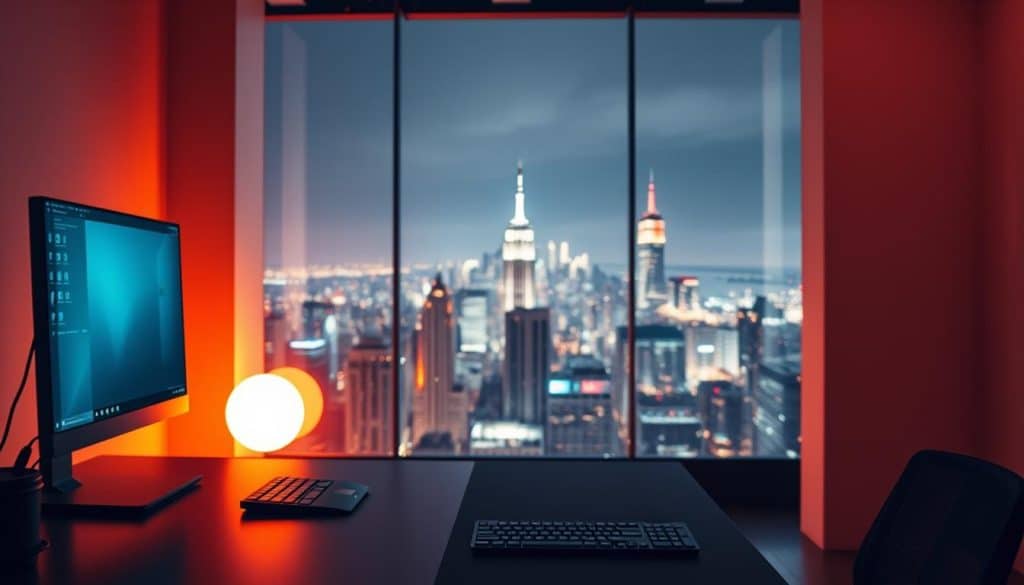 Imagine a serene workspace illuminated by a warm, ambient glow. In the foreground, a developer's workspace comes into focus - a sleek, minimalist desk with a CRES laptop, a high-resolution monitor, and a mechanical keyboard. In the middle ground, a cluster of servers hum softly, their blinking lights casting a subtle glow. The background reveals a panoramic view of a bustling city skyline, reflecting the ceaseless activity of the back-end development process. The overall atmosphere is one of focus, productivity, and the seamless integration of technology and human ingenuity.