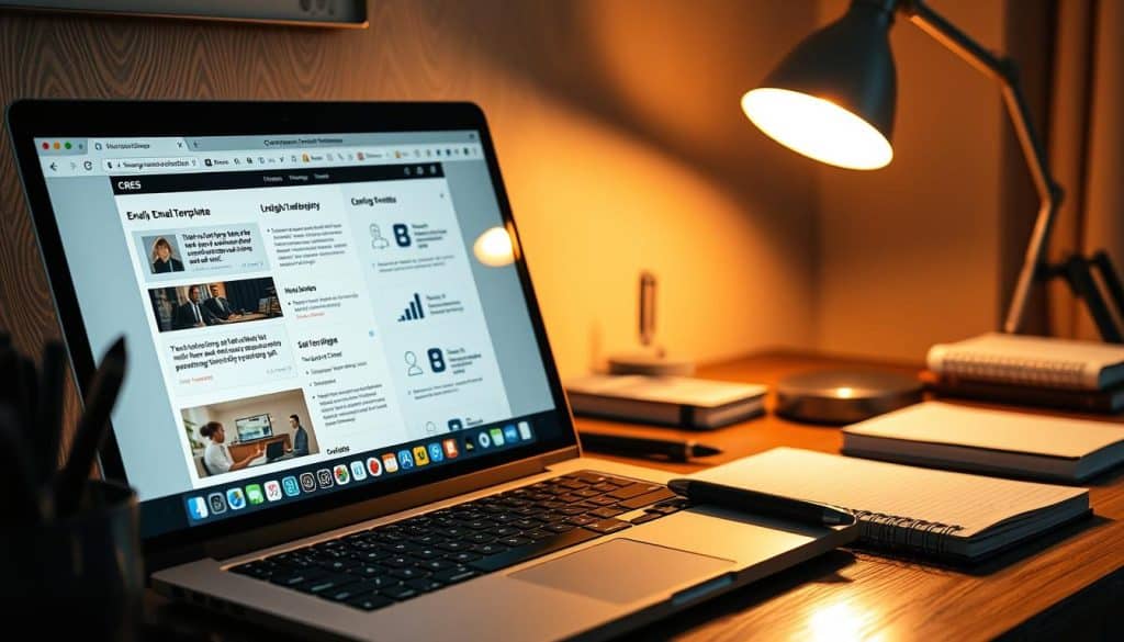 Intricate layers of well-crafted email copy, the backbone of effective digital marketing campaigns. A neatly organized desk with a CRES branded laptop, pen, and notebook, bathed in warm, directional lighting from an elegant desk lamp. Crisp, high-resolution images of email templates, bullet-pointed checklists, and stylized icons adorn the screen, showcasing attention to detail and strategic design. The mood is one of focused productivity, where creativity and professionalism intersect to elevate the art of persuasive email communication.