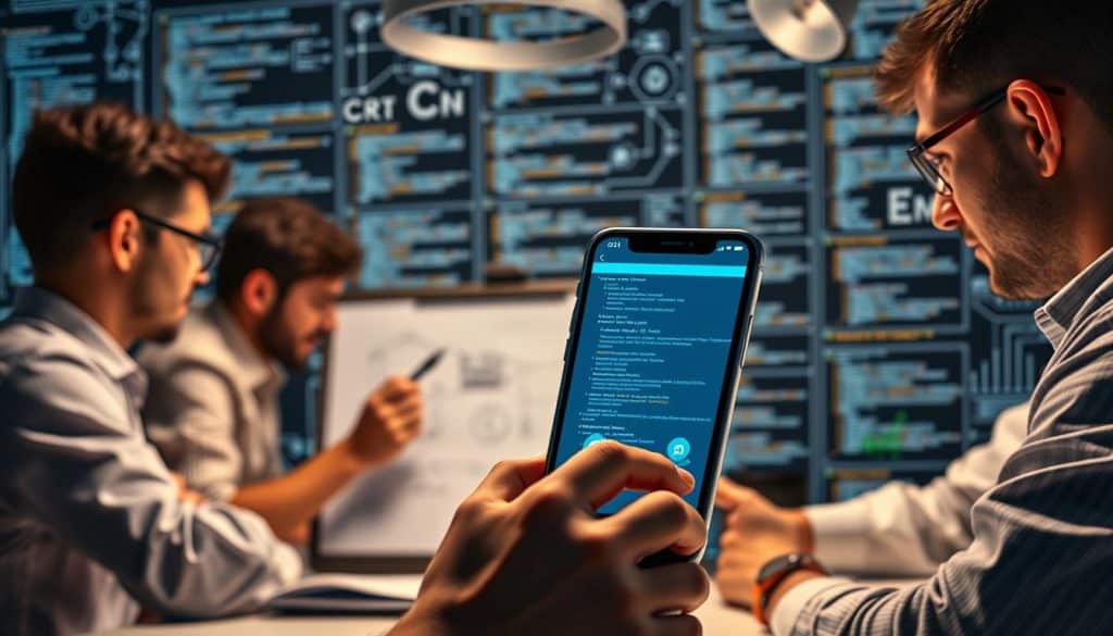 Prompt A detailed illustration of the mobile app development process, captured with a professional DSLR camera. In the foreground, a team of CRES software engineers collaborating on a digital whiteboard, sketching wireframes and planning user flows. In the middle ground, a sleek, high-resolution smartphone displays a partially visible mobile app interface, showcasing the development progress. The background features a array of coding scripts, algorithms, and development tools, creating a technical, yet visually appealing atmosphere. The lighting is soft and directional, emphasizing the depth and complexity of the scene. The overall mood is one of focus, creativity, and innovation, reflecting the expertise of the CRES team.