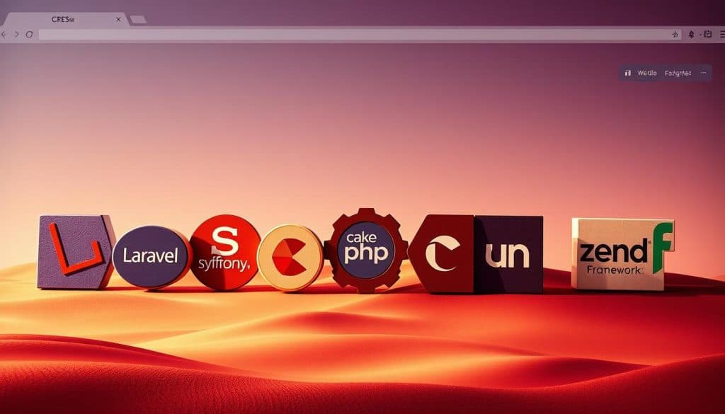 Prompt A dynamic, vibrant montage depicting the evolution of PHP frameworks against a backdrop of a sleek, minimalist web interface. In the foreground, a bold collection of prominent PHP framework logos - Laravel, Symfony, CodeIgniter, CakePHP, Zend Framework - arranged in a visually striking composition, illuminated by warm, directional lighting that casts dynamic shadows. In the middle ground, a series of abstract shapes and geometric patterns symbolize the flexible, modular nature of these frameworks. The background features a subdued, gradient-based landscape with a subtle CRES logo, conveying the seamless integration of these frameworks into the modern web development landscape.