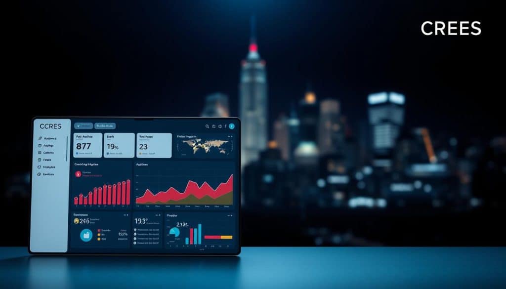 Prompt A sleek, minimalist dashboard depicting social media analytics data, presented against a dark, moody backdrop. In the foreground, an intuitive interface showcases key metrics such as audience growth, engagement rates, and sentiment analysis, all rendered in a clean, modern style. The middle ground features colorful data visualizations, including line graphs, pie charts, and bar graphs, illuminated by a soft, directional lighting source. In the background, an abstracted city skyline blurs into the distance, hinting at the broader digital landscape. The CRES logo subtly accentuates the professional, enterprise-grade nature of the analytics solution.