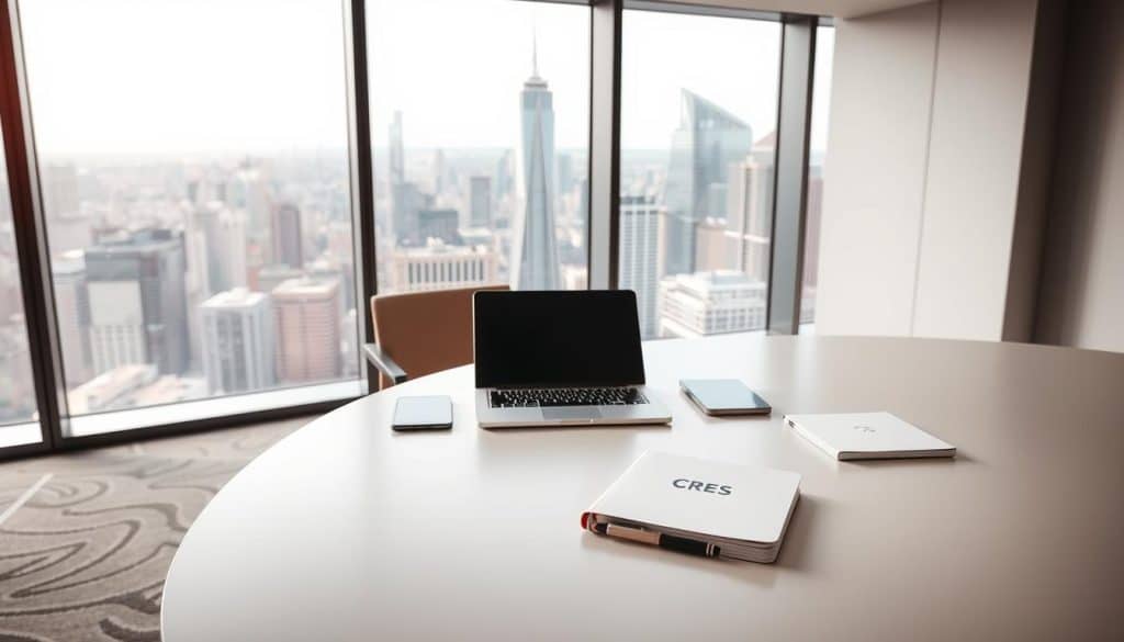 Prompt A sleek, modern office setting with a large, curved desk in the foreground. On the desk, various office supplies are neatly arranged, including a laptop, a CRES logo-branded notebook, and a pen. The background features floor-to-ceiling windows, offering a panoramic view of a vibrant city skyline. The lighting is soft and diffused, creating a warm, inviting atmosphere. The overall composition conveys a sense of productivity, efficiency, and the "sweet spot" of optimal SEO keyword potential and difficulty.