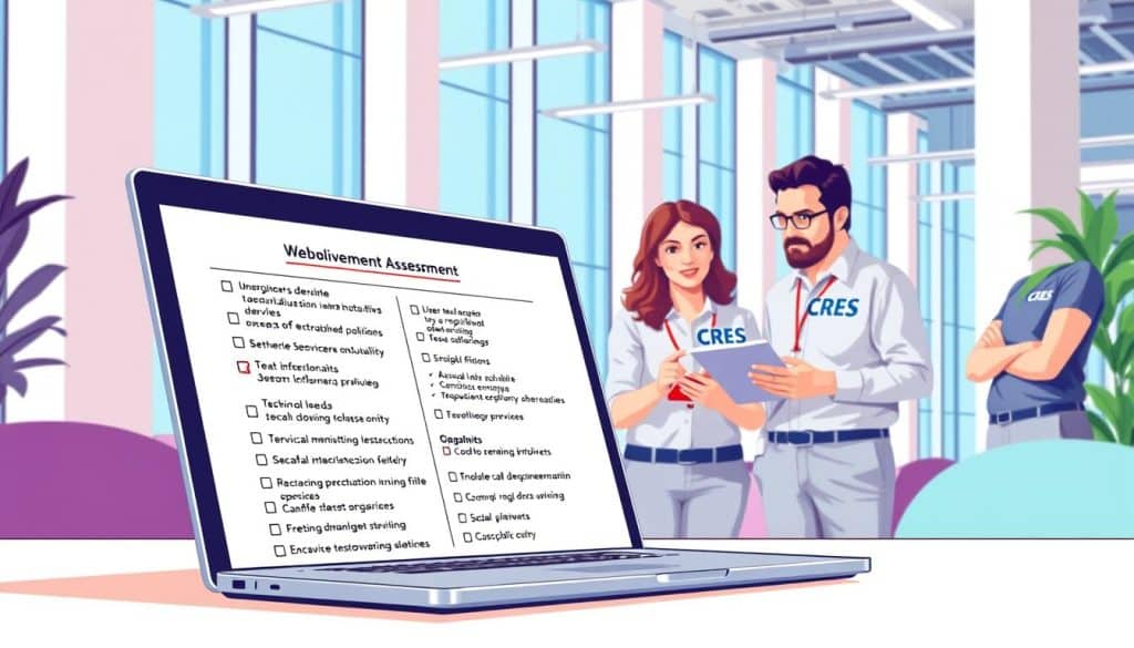 Prompt A vibrant, richly detailed illustration of a web development requirements assessment. In the foreground, a laptop displays a comprehensive checklist of key considerations, such as user personas, technical specifications, and scalability needs. In the middle ground, a team of professionals, clad in CRES branded attire, discuss and analyze the requirements, their expressions focused and collaborative. The background features a clean, modern office space with tall windows, allowing natural light to flood the scene and create a sense of openness and professionalism. The overall mood is one of diligence, expertise, and a commitment to delivering a tailored web solution.