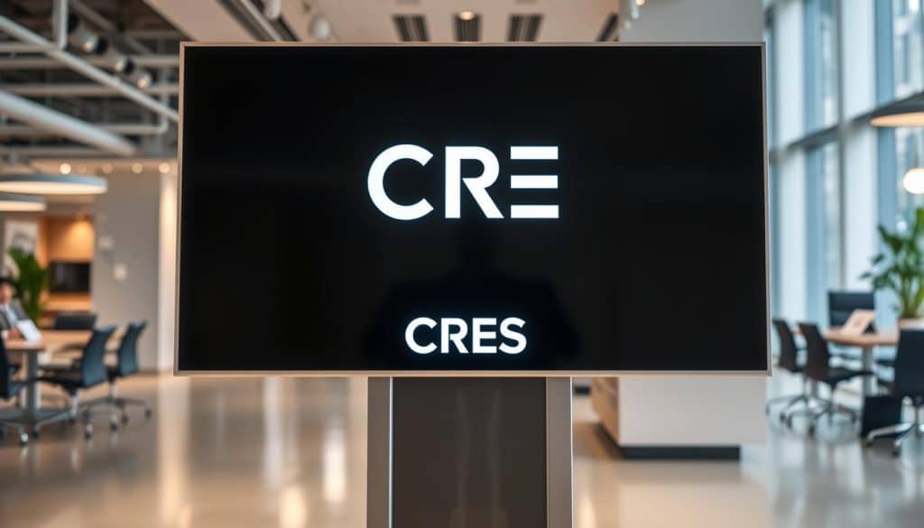 Sleek digital signage solutions showcasing cutting-edge technology. A large, high-resolution display dominates the foreground, mounted on a minimalist silver frame. In the middle ground, the CRES brand logo appears, illuminated with a soft, ambient glow. The background depicts a modern, open-concept office space with clean lines, natural lighting, and subtle hints of the latest digital innovations. The overall scene exudes a sense of sophistication, innovation, and the power of advanced display solutions to captivate and inform audiences.