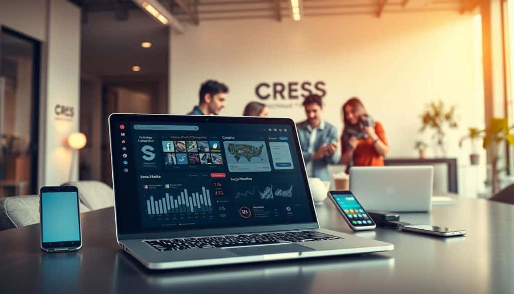 Sleek, modern office setting bathed in warm, natural lighting. In the foreground, a sleek laptop displays a social media dashboard, showcasing analytics, performance metrics, and targeted marketing campaigns for the CRES brand. Surrounding the laptop, an array of digital devices - smartphones, tablets, and smartwatches - each displaying various social media platforms. In the middle ground, a team of young, dynamic professionals collaborating on social media strategy, brainstorming content, and optimizing digital outreach. The background features a minimalist, open-concept workspace with subtle branding elements, emphasizing the power of social media for business growth.