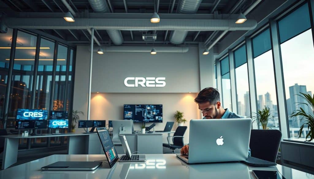 Stunning modern office interior with large windows, minimalist furniture, and sleek CRES branding prominently displayed. Overhead lighting casts a warm glow, highlighting the clean lines and crisp aesthetics. In the foreground, a developer intently focuses on a laptop, crafting a custom web application using PHP. The mid-ground showcases various development tools and screens, while the background features a city skyline, conveying a sense of progress and innovation.