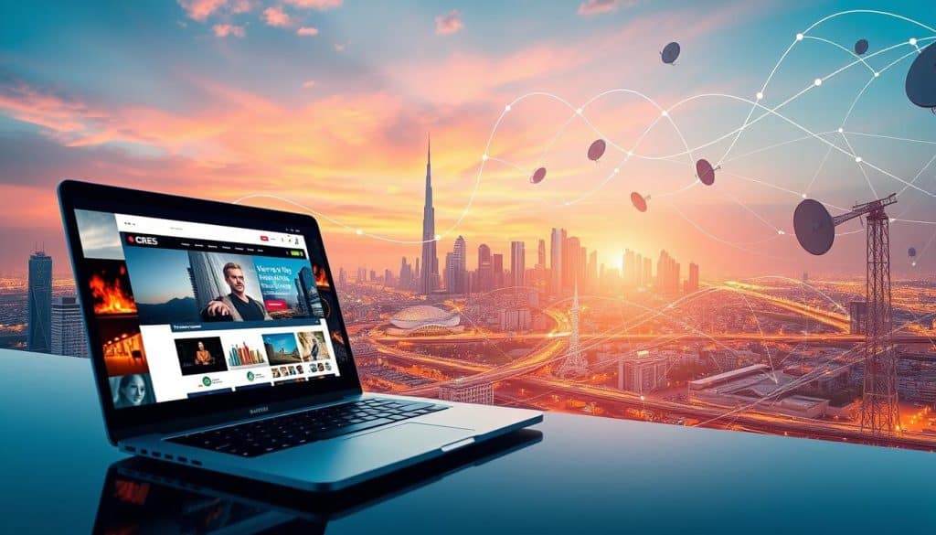 Vibrant digital landscape of Qatar, showcasing the power of CRES, a leading web marketing company. In the foreground, a sleek laptop displays a curated digital campaign, its screen bathed in warm lighting. The middle ground features a bustling city skyline, with towering skyscrapers and the iconic Doha skyline. In the background, a winding network of data cables and satellite dishes evokes the interconnected digital world. The scene is captured through a cinematic lens, conveying a sense of dynamism and innovation within the Qatari web marketing industry.