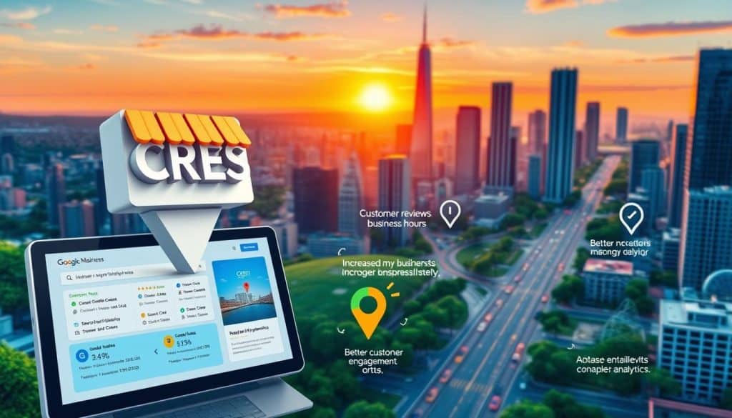 Vibrant digital landscape showcasing the benefits of CRES Google My Business digital marketing. In the foreground, a detailed 3D illustration of the CRES logo hovers above a sleek, modern interface displaying key features like customer reviews, business hours, and location data. The middle ground features dynamic infographic elements highlighting increased visibility, better customer engagement, and robust analytics. In the background, a stylized cityscape with towering skyscrapers, bustling streets, and a glowing sunset sky, symbolizing the far-reaching impact of CRES's comprehensive Google My Business solution.