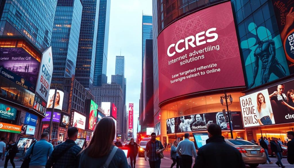 Vivid digital cityscape, modern skyscrapers and bustling streets. A large billboard prominently displays the CRES logo, showcasing innovative internet advertising solutions. In the foreground, people interact with digital screens, immersed in targeted marketing campaigns. Warm lighting filters through the scene, creating a sense of energy and progress. A mix of virtual and physical elements seamlessly blended, capturing the essence of driving revenue growth online through cutting-edge internet advertising.