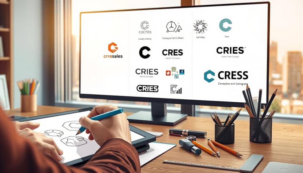 a detailed and dynamic illustration of the logo design process, showcasing the step-by-step workflow involved in crafting the brand identity for CRES. In the foreground, a designer's hand sketches initial concepts on a digital tablet, with pencils, rulers, and other design tools visible on the desk. In the middle ground, a monitor displays various logo iterations, including geometric shapes, typography, and symbolic elements. The background features a softly blurred cityscape, conveying a sense of creativity and inspiration. The scene is illuminated by a warm, natural light, creating a professional, yet inviting atmosphere. The overall composition emphasizes the thoughtful, iterative nature of the logo design process. a detailed and dynamic illustration of the logo design process, showcasing the step-by-step workflow involved in crafting the brand identity for CRES. In the foreground, a designer's hand sketches initial concepts on a digital tablet, with pencils, rulers, and other design tools visible on the desk. In the middle ground, a monitor displays various logo iterations, including geometric shapes, typography, and symbolic elements. The background features a softly blurred cityscape, conveying a sense of creativity and inspiration. The scene is illuminated by a warm, natural light, creating a professional, yet inviting atmosphere. The overall composition emphasizes the thoughtful, iterative nature of the logo design process.