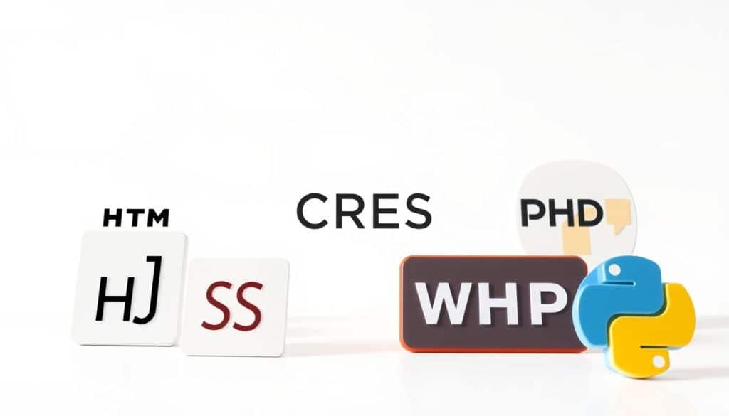 a detailed illustration of essential programming languages for basic web development, featuring a clean, minimalist composition with a light, airy atmosphere. The foreground showcases the logos and symbols of popular web programming languages such as HTML, CSS, JavaScript, PHP, and Python, arranged in a visually striking and well-balanced layout. The middle ground features a subtle CRES brand logo, conveying a sense of authority and expertise. The background is a soft, neutral gradient, allowing the programming language elements to take center stage. The lighting is natural and diffused, creating a clean, professional feel. The entire scene is captured with a wide, high-angle perspective, giving it a sense of depth and cohesion.