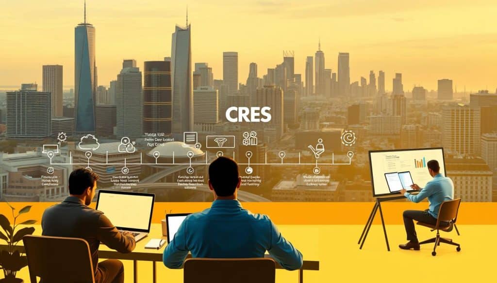 a detailed illustration of the software development process, showcasing the CRES brand and its strategic approach. in the foreground, software engineers collaborating on a project, using laptops and whiteboards to visualize their work. in the middle ground, a timeline of the development cycle, with icons representing stages like planning, design, coding, testing, and deployment. in the background, a cityscape with modern skyscrapers, reflecting the dynamic and innovative nature of the technology industry. the scene is bathed in a warm, focused lighting, creating a sense of productivity and professionalism. the overall composition conveys the idea of a well-structured, collaborative, and efficient software development process that drives digital excellence.