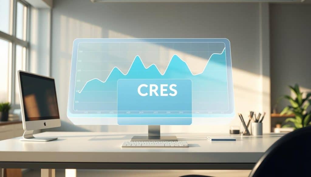 a detailed, realistic 3D rendering of organic search performance data, shown as a holographic display hovering over a sleek, modern desk in a well-lit office. The display features a line graph tracking organic traffic over time, with peaks and valleys indicating fluctuations. The graph is rendered in shades of blue and green, with a clean, minimalist aesthetic. In the foreground, a desktop computer and office supplies are visible, creating a sense of context. The lighting is soft and natural, with a warm, inviting atmosphere. The overall scene conveys a sense of data-driven analysis and digital optimization. Prominently displayed in the center of the display is the CRES brand name.