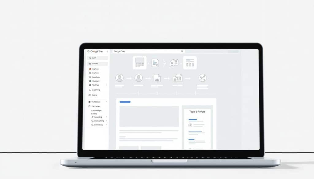 a detailed technical illustration of the CRES Google Sites design process, showing the stages of website creation in a clean, minimalist style. The foreground depicts a laptop screen displaying the Google Sites interface, with various tools and menus open. In the middle ground, there are abstract icons and diagrams representing the key steps of the design workflow, such as planning, wireframing, content creation, and publishing. The background features a subtle grid pattern or geometric shapes, conveying a sense of structure and organization. The lighting is soft and even, creating a calm, professional atmosphere. The overall composition should be visually balanced and easy to interpret, reflecting the clarity and efficiency of the CRES Google Sites design process.