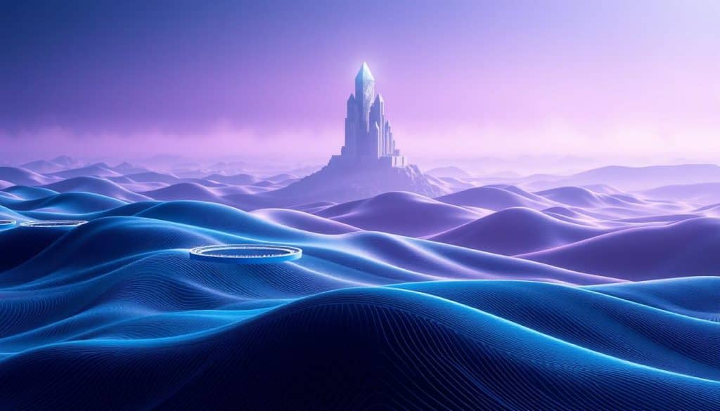 a digital landscape with a sleek, modern aesthetic, featuring undulating hills and valleys made of futuristic geometric shapes and lines in shades of blue, purple, and teal. In the foreground, a series of interconnected platforms and structures in the style of a CRES logo float above the terrain, casting long shadows. The middle ground is dominated by a towering, crystalline structure that emits a soft, ethereal glow, while the background is filled with a hazy, atmospheric sky in shades of indigo and lavender. The overall scene conveys a sense of technological advancement, innovation, and a harmonious integration of digital and natural elements.