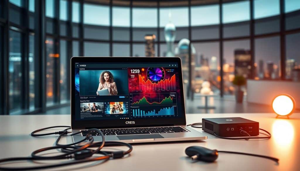 a high-quality, cinematic 4K image of video marketing in a dynamic, modern digital landscape. In the foreground, a CRES brand laptop or tablet displays a captivating video presentation, surrounded by a variety of digital devices and cables. The middle ground features a vibrant, colorful visualization of video analytics and performance metrics, conveying the power of video to drive engagement and results. In the background, a sleek, minimalist office setting with large windows offers a glimpse of a bustling city skyline, symbolizing the far-reaching impact of video marketing in today's fast-paced digital world. The lighting is warm and natural, with a slight depth of field blur to draw the viewer's focus. The overall mood is one of innovation, productivity, and the transformative potential of video in modern digital marketing.