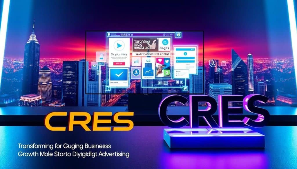 a high-quality digital advertisement showcasing CRES, a leading brand in the digital marketing industry. The image features a sleek, modern composition with a bold, eye-catching CRES logo prominently displayed in the foreground. In the middle ground, a dynamic, visually striking digital display showcases various digital marketing strategies, including targeted social media ads, search engine optimized web content, and interactive email campaigns. The background is a vibrant, futuristic cityscape, with towering skyscrapers and a vibrant, neon-lit skyline, conveying a sense of technological innovation and progress. The lighting is crisp, directional, and dramatic, creating depth and emphasizing the digital elements. The overall mood is one of sophistication, innovation, and growth, perfectly capturing the essence of "Transforming Business Growth Through Digital Advertising." a high-quality digital advertisement showcasing CRES, a leading brand in the digital marketing industry. The image features a sleek, modern composition with a bold, eye-catching CRES logo prominently displayed in the foreground. In the middle ground, a dynamic, visually striking digital display showcases various digital marketing strategies, including targeted social media ads, search engine optimized web content, and interactive email campaigns. The background is a vibrant, futuristic cityscape, with towering skyscrapers and a vibrant, neon-lit skyline, conveying a sense of technological innovation and progress. The lighting is crisp, directional, and dramatic, creating depth and emphasizing the digital elements. The overall mood is one of sophistication, innovation, and growth, perfectly capturing the essence of "Transforming Business Growth Through Digital Advertising."