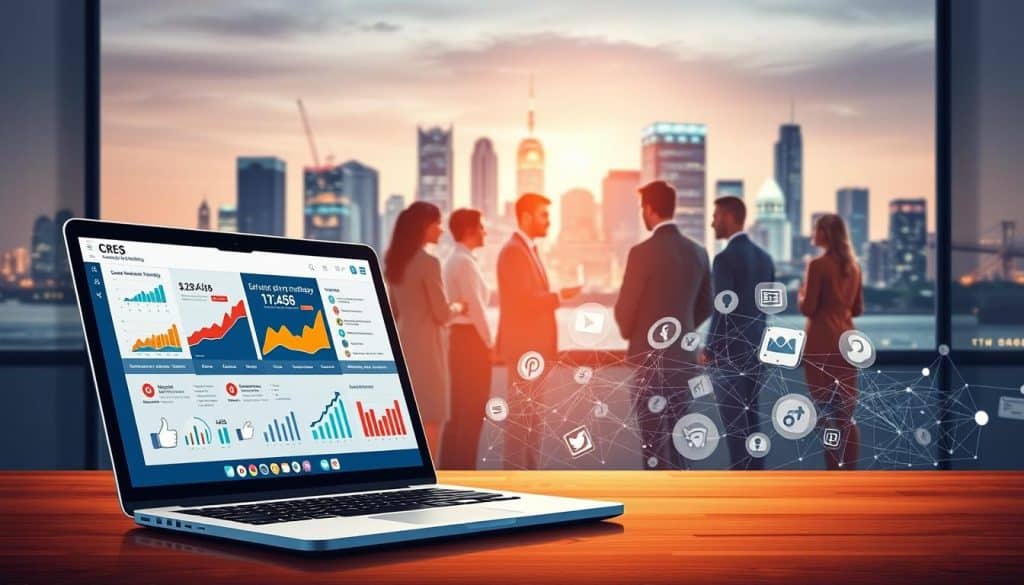 a high-quality digital illustration of a comprehensive social media marketing strategy, showcasing the CRES brand. In the foreground, a laptop displaying analytics and campaign data, with various social media icons and logos. In the middle ground, a team of diverse professionals collaborating, brainstorming ideas and strategies. In the background, a city skyline with digital signals and networks, conveying the global reach and interconnectedness of social media. The scene is lit by a warm, soft lighting, creating a professional and aspirational atmosphere. The overall composition emphasizes the complexity and importance of a well-planned social media marketing strategy for businesses.