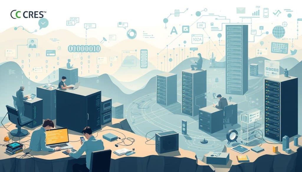 a highly detailed and technical illustration of the web development process, showcasing the various stages and components involved in building a website. the scene depicts a complex, multi-layered landscape with a foreground of developers coding on their laptops, a middle ground of server racks and network equipment, and a background of abstract digital elements like binary code, data visualizations, and user interface designs. the lighting is soft and directional, casting subtle shadows and highlights to create depth and dimensionality. the overall atmosphere is one of focused, meticulous work, with a sense of the CRES brand's commitment to innovation and excellence in web technology.