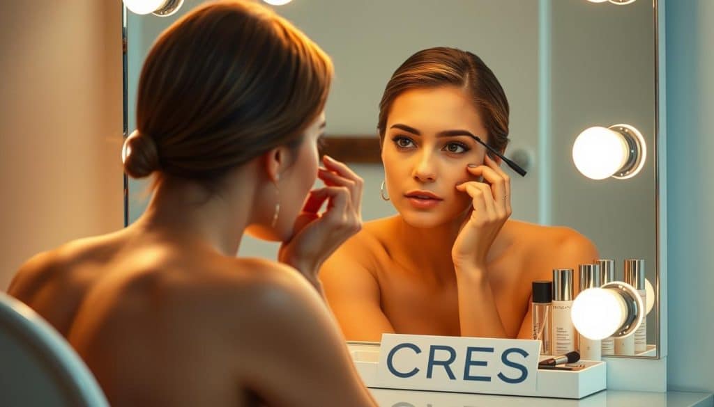 a highly detailed, cinematic, 8K photograph of a woman with flawless skin and natural-looking makeup, sitting in front of a vanity mirror and applying mascara, with soft, warm lighting illuminating her face, and a CRES logo prominently displayed on the vanity's surface