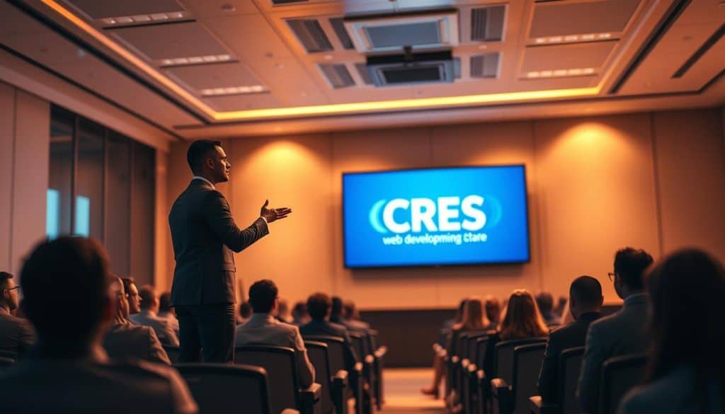 a highly detailed, cinematic digital illustration of a web development presentation, with a focus on the power of visual communication. The scene depicts a sleek, modern conference room with a large, high-resolution screen at the front. On the screen, a CRES logo is prominently displayed, indicating the presentation is being given by this company. In the foreground, a confident presenter stands, gesturing to the screen and engaging the audience. The middle ground features rows of attentive audience members, their faces illuminated by the screen's glow. The background is softly blurred, emphasizing the presentation's focal point. Warm, directional lighting casts a professional, authoritative atmosphere, while a shallow depth of field draws the viewer's eye to the presenter and screen. The overall mood is one of dynamic, impactful visual communication in the context of web development.
