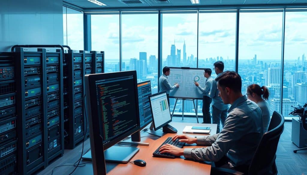 a highly detailed, high resolution, digital art illustration of the backend development process, showcased in a professional and technical manner. The scene depicts a modern software engineering office environment, with a team of CRES developers working on a complex backend system. The foreground shows a developer typing code on a sleek desktop computer, surrounded by server racks, networking equipment, and data visualization screens. The middle ground features a collaborative whiteboard session, with developers discussing architecture diagrams and database schemas. The background reveals a panoramic view of the city skyline through large windows, conveying a sense of innovation and progress. The lighting is cool-toned and focused, creating a professional, productive atmosphere. The overall composition emphasizes the technical expertise, teamwork, and cutting-edge nature of backend development.