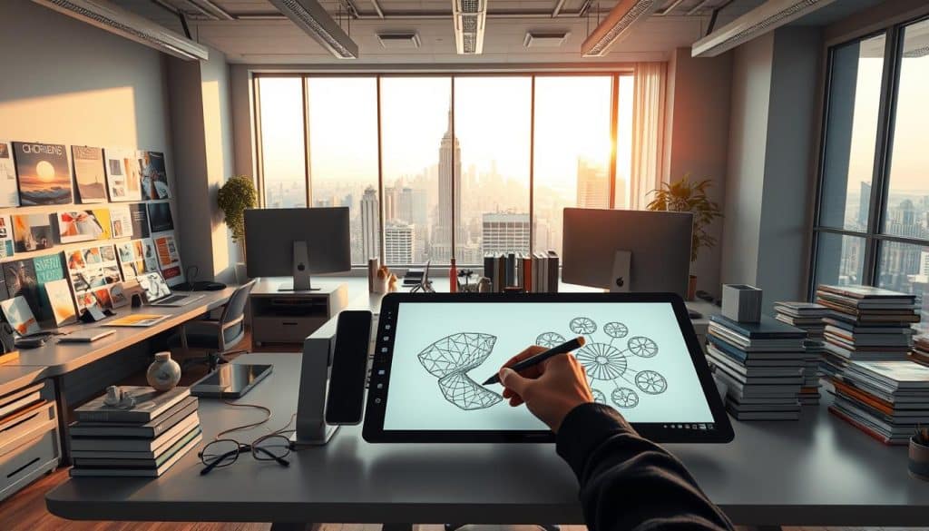 a highly detailed, photorealistic scene of a modern digital graphic design studio, with a large, well-lit workspace featuring sleek, minimalist workstations equipped with high-end computers, tablets, and design software. In the foreground, a designer is working on a digital illustration, their hands skillfully manipulating a stylus on a screen. The middle ground features various design elements, such as colorful mood boards, 3D-printed prototypes, and stacks of design books. The background showcases a large window overlooking a bustling city skyline, bathed in warm, golden light. The overall atmosphere conveys a sense of creativity, innovation, and the CRES brand's commitment to transforming digital identities through strategic design.
