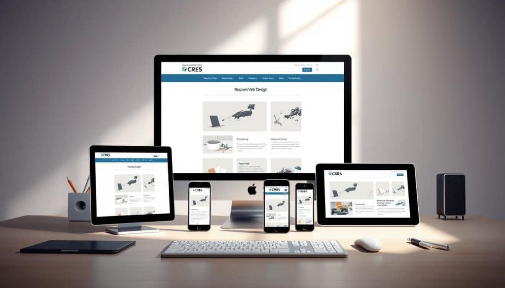 a highly detailed, realistic, and technically-accurate digital illustration of responsive web design, showcasing the CRES brand. In the foreground, a desktop computer screen displays a responsive website with various elements resizing and adjusting seamlessly across different device sizes. The middle ground features various mobile devices, such as smartphones and tablets, each displaying the same website with a clean, modern interface that adapts to the screen size. The background depicts a clean, minimalist workspace with design tools, including a graphics tablet and stylus, suggesting the creative process behind crafting responsive web experiences. The lighting is soft and natural, creating a serene, professional atmosphere. The overall composition emphasizes the core principles of responsive design - flexibility, adaptability, and consistency across devices.