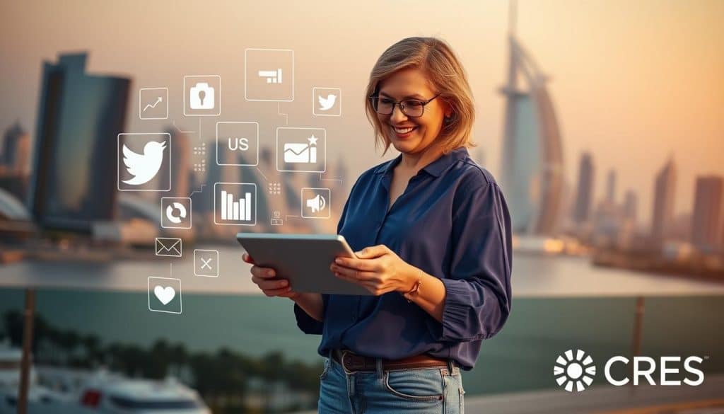 a middle-aged woman in a blue blouse and jeans smiling and using a digital tablet, surrounded by social media icons and data visualization elements, set against a backdrop of the Doha skyline, with the CRES logo subtly displayed in the bottom right corner, lit by warm afternoon sunlight and with a slightly blurred, soft focus effect