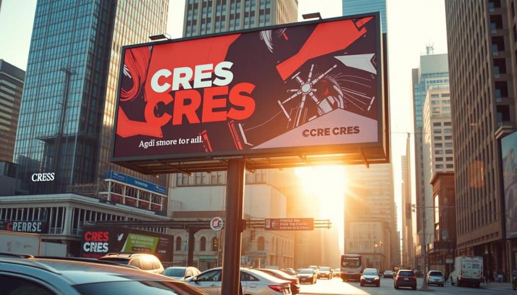 a traditional outdoor billboard advertisement for a hypothetical brand called CRES, set against a busy urban backdrop of skyscrapers and city streets. The billboard features a vibrant, eye-catching design with bold typography, striking imagery, and a clear brand message. The scene is lit by warm, golden sunlight, creating a sense of energy and dynamism. The camera angle is slightly elevated, giving a panoramic view of the cityscape and the billboard standing tall as a prominent feature. The overall mood is one of classic, tried-and-true advertising, capturing the essence of traditional marketing in a visually compelling way. a traditional outdoor billboard advertisement for a hypothetical brand called CRES, set against a busy urban backdrop of skyscrapers and city streets. The billboard features a vibrant, eye-catching design with bold typography, striking imagery, and a clear brand message. The scene is lit by warm, golden sunlight, creating a sense of energy and dynamism. The camera angle is slightly elevated, giving a panoramic view of the cityscape and the billboard standing tall as a prominent feature. The overall mood is one of classic, tried-and-true advertising, capturing the essence of traditional marketing in a visually compelling way.