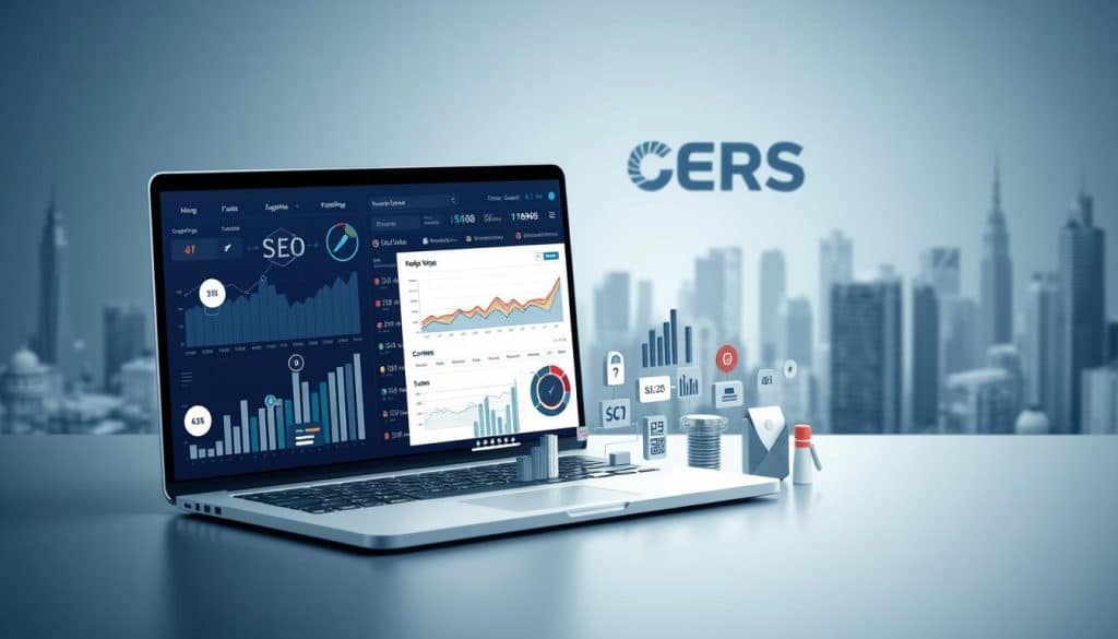 high detailed digital art of SEO optimization concept, 4K resolution, isometric perspective, foreground showing a large laptop screen with graphs and analytics dashboards, middle ground depicting various SEO icons and web optimization elements like search engine, linking, content, and keywords, background featuring the CRES brand logo and a cityscape with skyscrapers, muted color palette with shades of blue and gray, cinematic lighting and depth of field, clean and modern composition