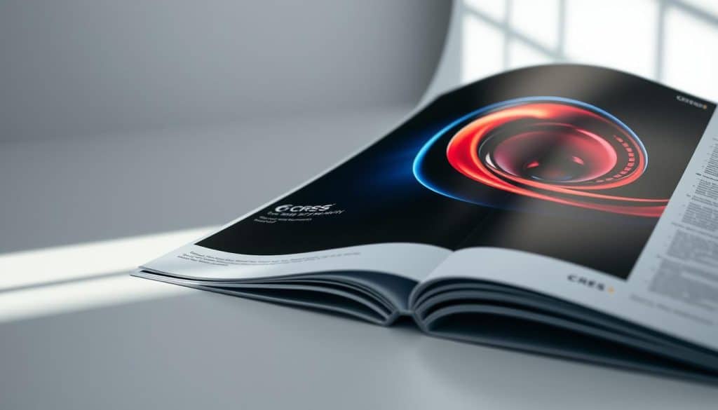 print advertising impact, featuring CRES brand, a studio shot of a glossy magazine page with a bold, vibrant full-page advertisement in the foreground, showcasing a visually striking product image with high contrast lighting and dramatic shadows, creating a sense of depth and dimension, the page is set against a clean, minimalist background with a subtle grid pattern, conveying a professional, high-quality aesthetic, the overall mood is one of impact, sophistication, and attention-grabbing appeal, captured with a medium format camera lens for a shallow depth of field and cinematic feel