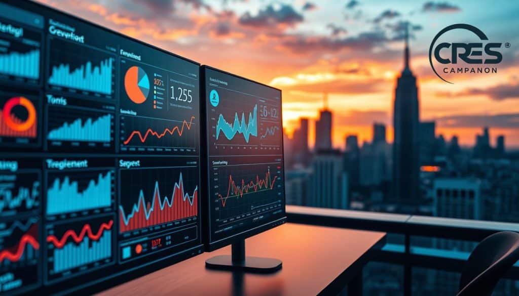 social media analytics dashboard with charts, graphs, and metrics displayed on multiple screens against a background of a city skyline at sunset, high-tech futuristic feel with a CRES company logo in the corner, cinematic lighting and depth of field, close-up on data visualization