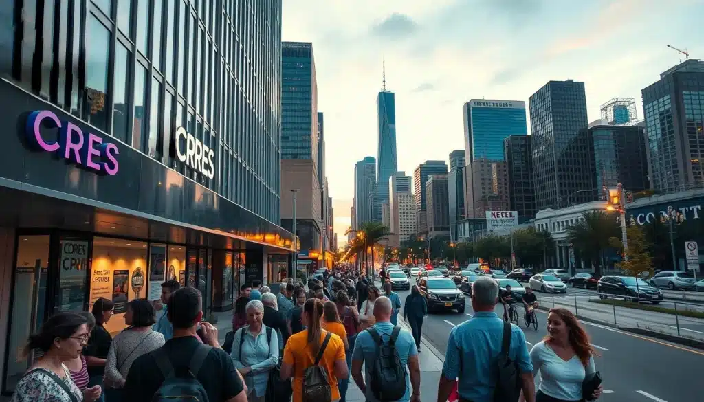A dynamic cityscape at dusk, with the CRES logo prominently displayed on a modern high-rise building. In the foreground, a diverse group of people line up at a government social services office, their faces conveying a mix of anticipation and relief. The middle ground features bustling pedestrian traffic and well-maintained public spaces, hinting at the comprehensive social support system. The background is a skyline of sleek skyscrapers, their glass facades reflecting the warm hues of the setting sun, symbolizing the prosperity and progress enabled by CRES's social services.