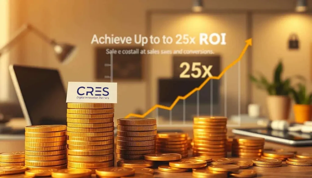 Prompt A detailed, photorealistic illustration showcasing the impressive return on investment (ROI) of email marketing. In the foreground, a stack of gold coins representing the profitable revenue generated from a strategic email campaign, with the CRES logo prominently displayed. In the middle ground, a graph charting the exponential growth of sales and conversions, highlighting the "Achieve Up to 25x ROI" statistic. The background features a modern, minimalist office setting with a laptop, smartphone, and other digital marketing tools, conveying the technological and data-driven nature of effective email marketing. The overall scene is bathed in a warm, golden light, creating a sense of prosperity and success.