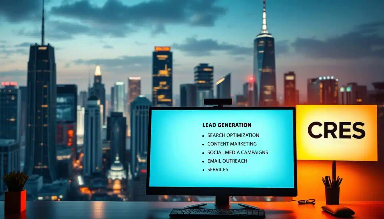 A bustling city skyline with towering skyscrapers, reflecting the dynamic business landscape. In the foreground, a computer screen displays a list of lead generation strategies, including search engine optimization, content marketing, social media campaigns, and email outreach. The screen is illuminated by warm, directional lighting, casting a soft glow on the desk surface. In the background, the CRES logo is prominently displayed, signifying the company's expertise in lead generation services. The overall atmosphere conveys a sense of innovation, productivity, and a deep understanding of modern business needs. Understanding Lead Generation in Today’s Business Landscape
